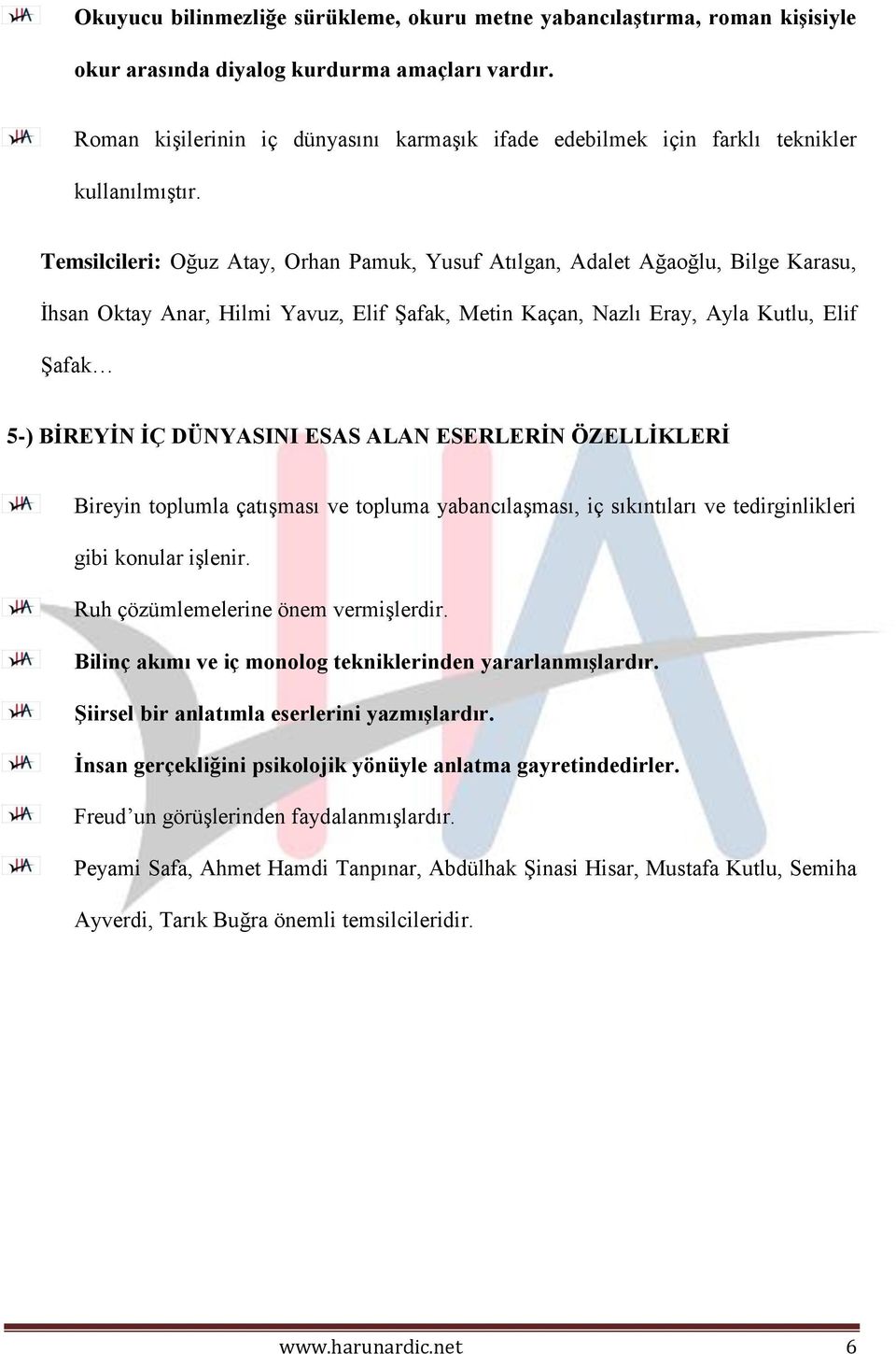 Temsilcileri: Oğuz Atay, Orhan Pamuk, Yusuf Atılgan, Adalet Ağaoğlu, Bilge Karasu, İhsan Oktay Anar, Hilmi Yavuz, Elif Şafak, Metin Kaçan, Nazlı Eray, Ayla Kutlu, Elif Şafak 5-) BİREYİN İÇ DÜNYASINI