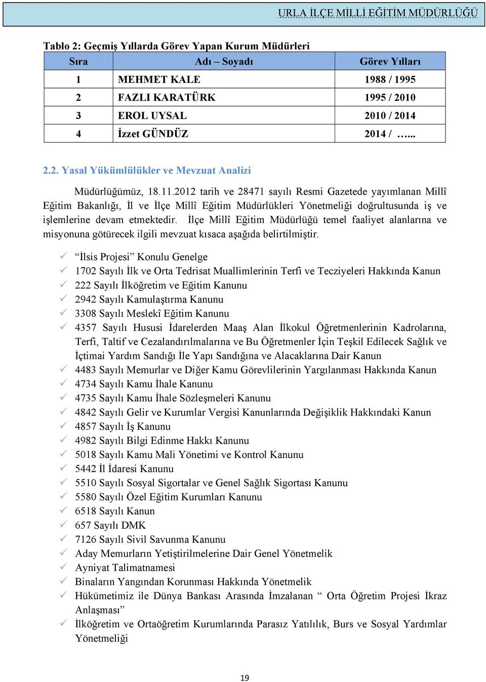 İlçe Millî Eğitim temel faaliyet alanlarına ve misyonuna götürecek ilgili mevzuat kısaca aşağıda belirtilmiştir.