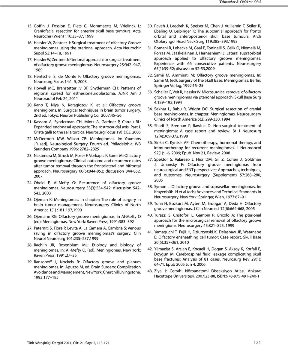 Hassler W, Zentner J: Pterional approach for surgical treatment of olfactory groove meningiomas. Neurosurgery 25:942 947, 1989 18. Hentschel S, de Monte F: Olfactory groove meningiomas.