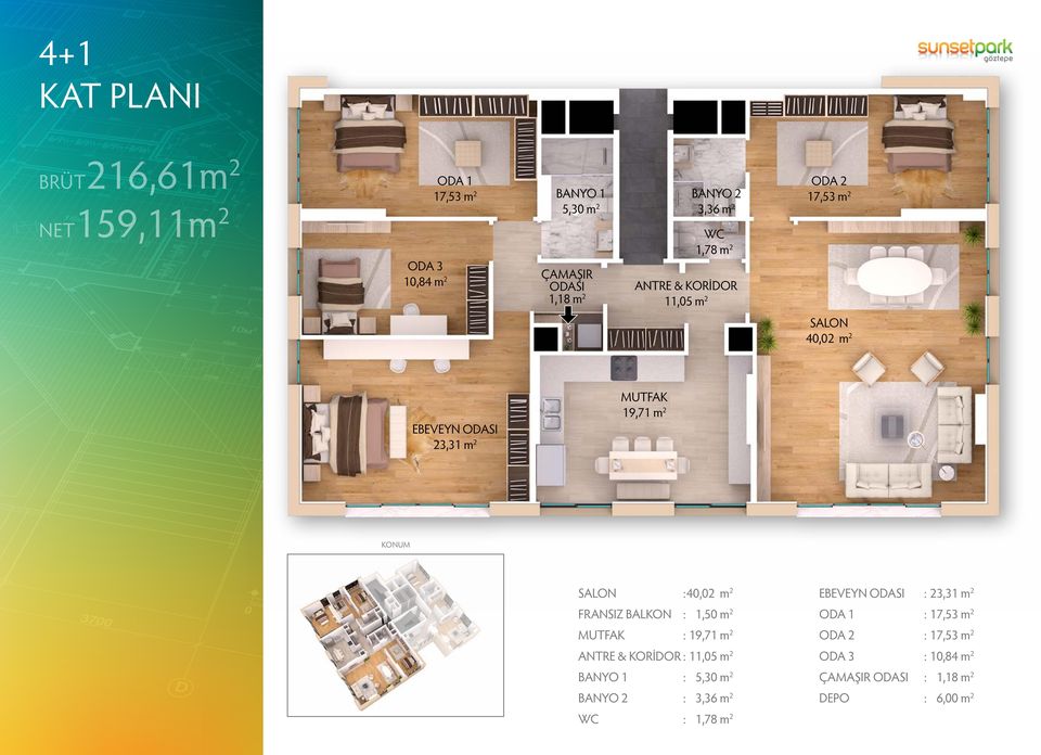 : 40,02 m2 EBEVEYN ODASI : 23,31 m2 FRANSIZ BALKON : 1,50 m2 ODA 1 : 17,53 m2 MUTFAK : 19,71 m2 ODA 2 : 17,53 m2 ANTRE &