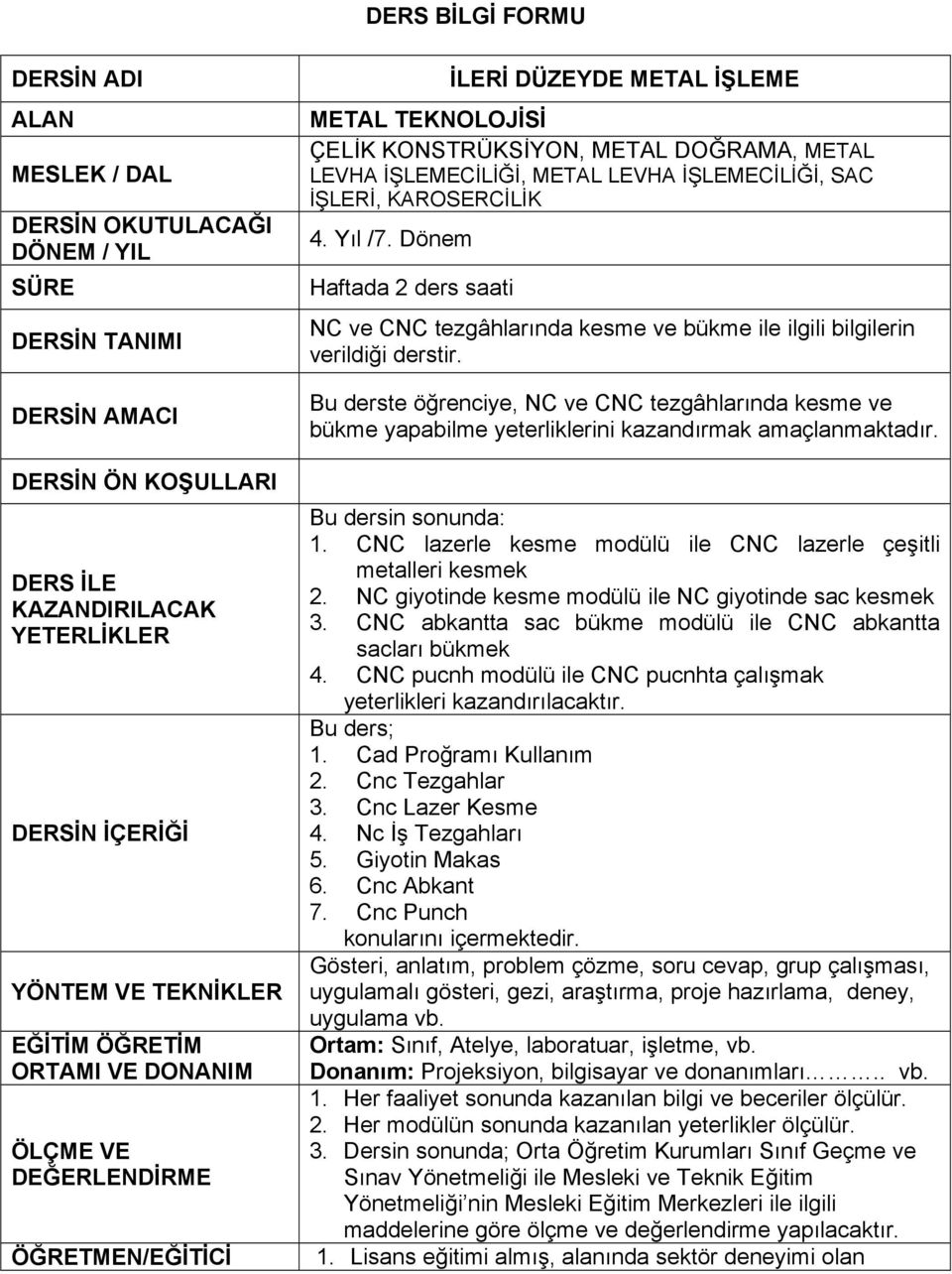 İŞLEMECİLİĞİ, SAC İŞLERİ, KAROSERCİLİK 4. Yıl /7. Dönem Haftada 2 ders saati NC ve CNC tezgâhlarında kesme ve bükme ile ilgili bilgilerin verildiği derstir.