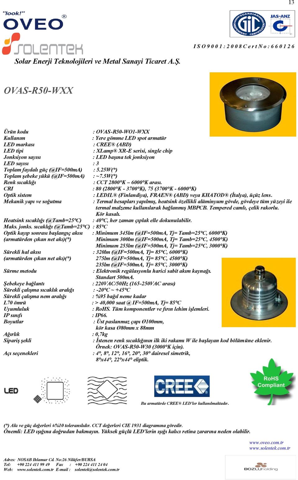 : Termal hesapları yapılmıģ, heatsink özellikli alüminyum gövde, gövdeye tüm yüzeyi ile termal malzeme kullanılarak bağlanmıģ MBPCB. Tempered camlı, çelik rakorlu. Kör kasalı.