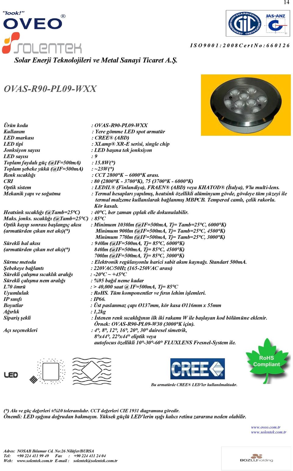 : 80 (2800 K - 3700 K), 75 (3700 K - 6000 K) Optik sistem : LEDIL (Finlandiya), FRAEN (ABD) veya KHATOD (Ġtalya), 9'lu multi-lens.