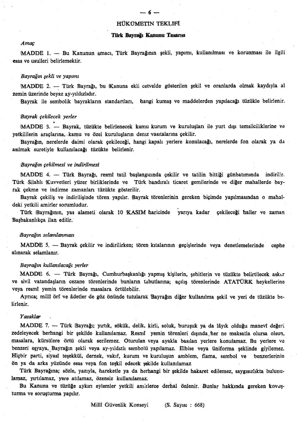 , Bayrak ile sembolik bayrakların standartları, hangi kumaş ve maddelerden yapılacağı tüzükle belirlenir. Bayrak çekilecek yerler İMADDE 3.