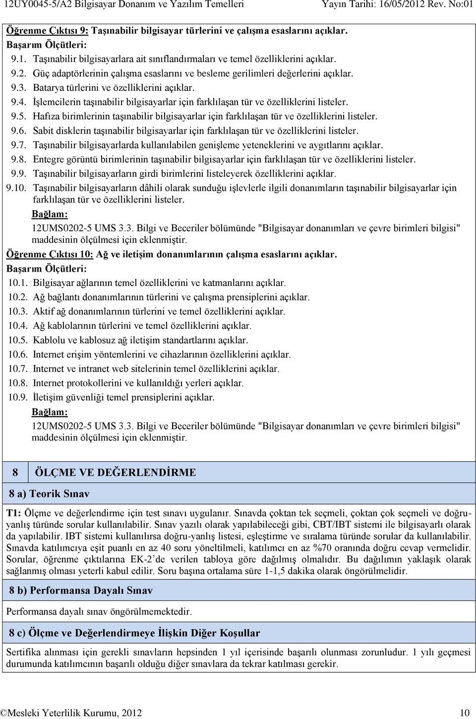 İşlemcilerin taşınabilir bilgisayarlar için farklılaşan tür ve özelliklerini listeler. 9.5. Hafıza birimlerinin taşınabilir bilgisayarlar için farklılaşan tür ve özelliklerini listeler. 9.6.