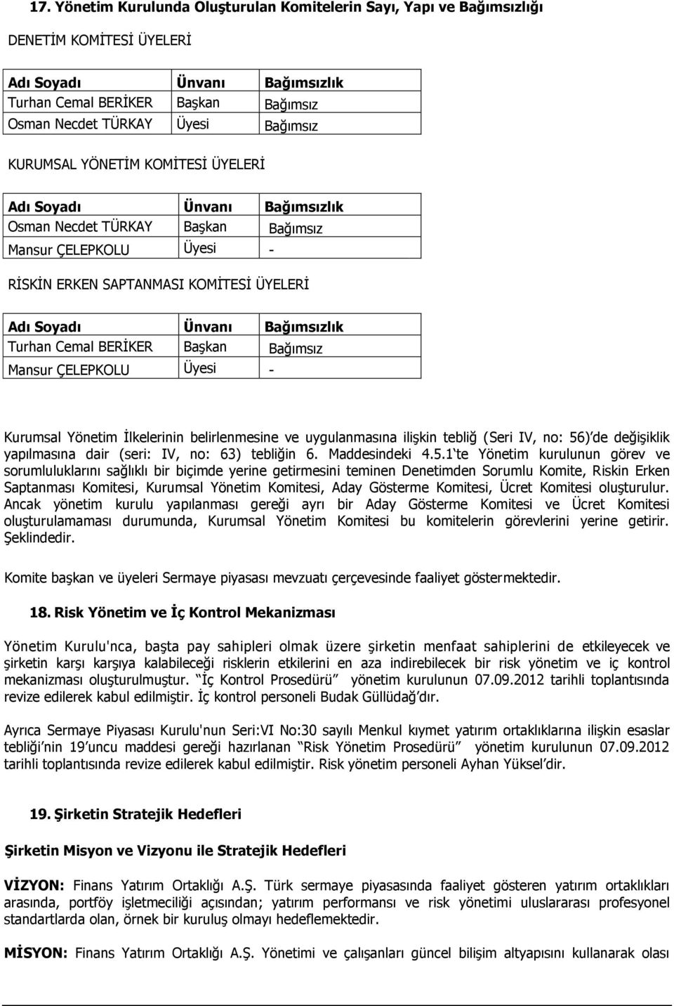 Turhan Cemal BERİKER Başkan Bağımsız Mansur ÇELEPKOLU Üyesi - Kurumsal Yönetim İlkelerinin belirlenmesine ve uygulanmasına ilişkin tebliğ (Seri IV, no: 56) de değişiklik yapılmasına dair (seri: IV,