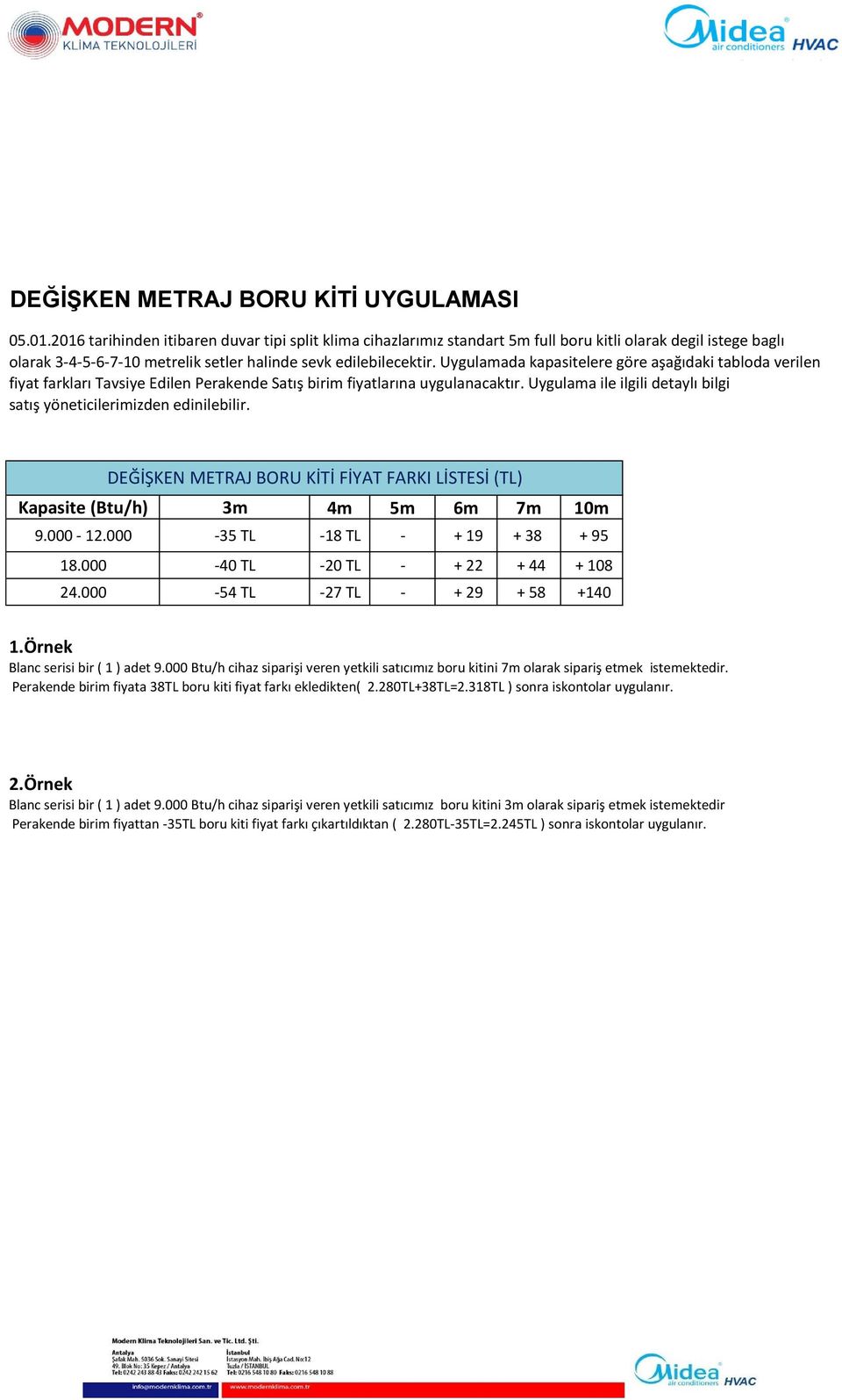 yöneticilerimizden edinilebilir DEĞİŞKEN METRAJ BORU KİTİ FİYAT FARKI LİSTESİ (TL) Kapasite (Btu/h) 3m 4m 5m 6m 7m 10m 9000-12000 -35 TL -18 TL - + 19 + 38 + 95 18000-40 TL -20 TL - + 22 + 44 + 108