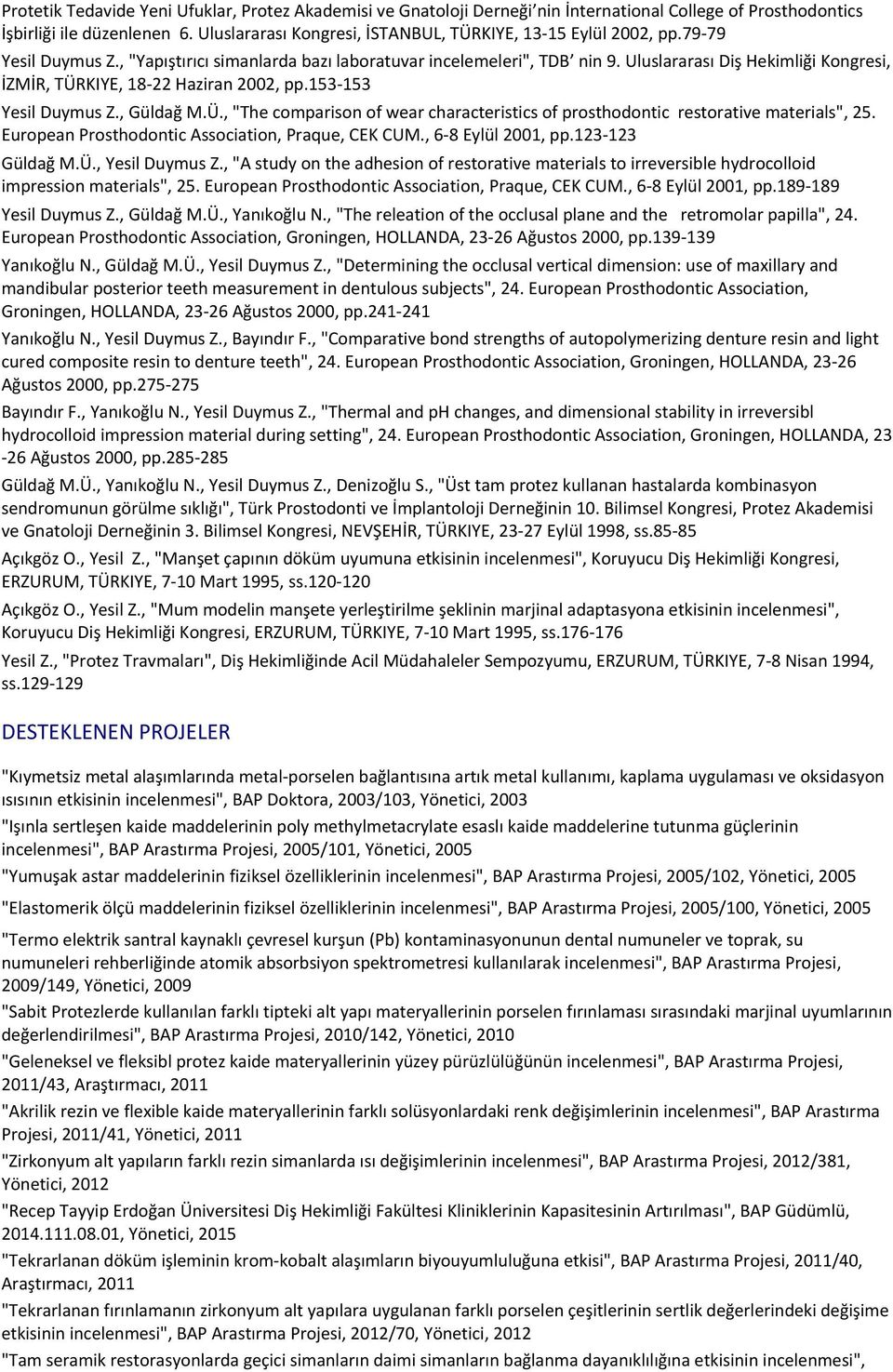 Prosthodontics İşbirliği ile düzenlenen 6. Uluslararası Kongresi, İSTANBUL, TÜRKIYE, 13-15 Eylül 2002, pp.79-79 Yesil Duymus Z., "Yapıştırıcı simanlarda bazı laboratuvar incelemeleri", TDB nin 9.