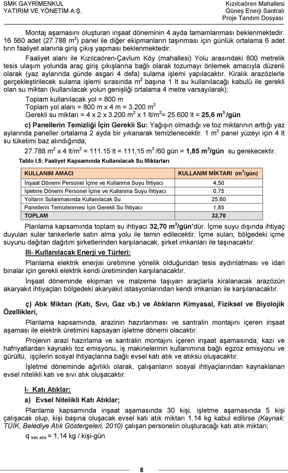 Faaliyet alanı ile Kızılcaören-Çavlum Köy (mahallesi) Yolu arasındaki 800 metrelik tesis ulaşım yolunda araç giriş çıkışlarına bağlı olarak tozumayı önlemek amacıyla düzenli olarak (yaz aylarında