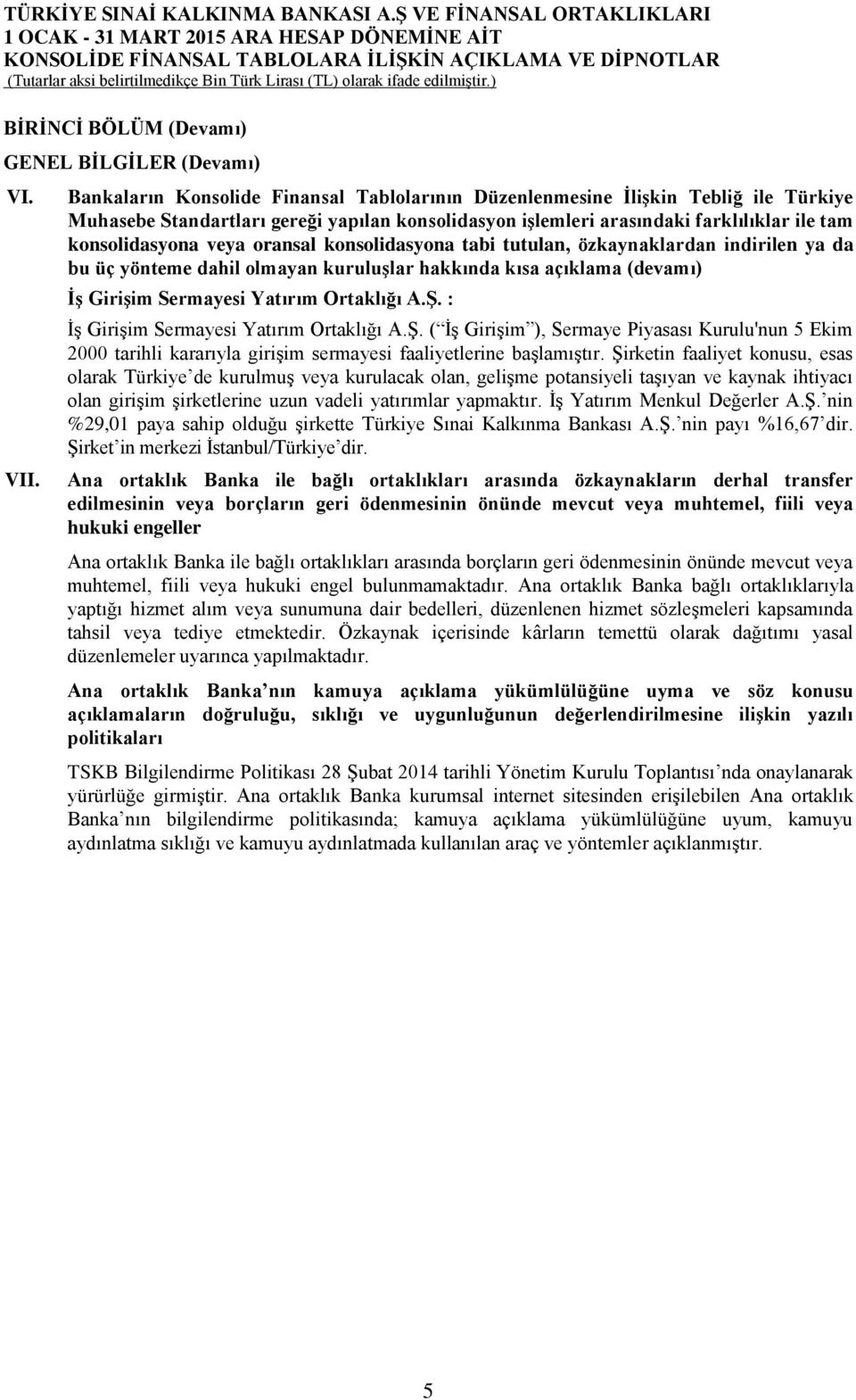 oransal konsolidasyona tabi tutulan, özkaynaklardan indirilen ya da bu üç yönteme dahil olmayan kuruluşlar hakkında kısa açıklama (devamı) İş Girişim Sermayesi Yatırım Ortaklığı A.Ş.