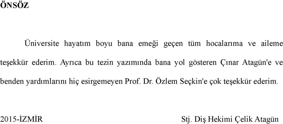 Ayrıca bu tezin yazımında bana yol gösteren Çınar Atagün'e ve