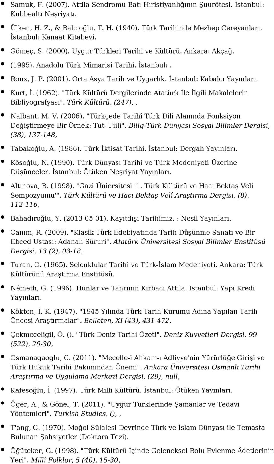 İstanbul: Kabalcı Kurt, İ. (1962). "Türk Kültürü Dergilerinde Atatürk İle İlgili Makalelerin Bibliyografyası". Türk Kültürü, (247),, Nalbant, M. V. (2006).