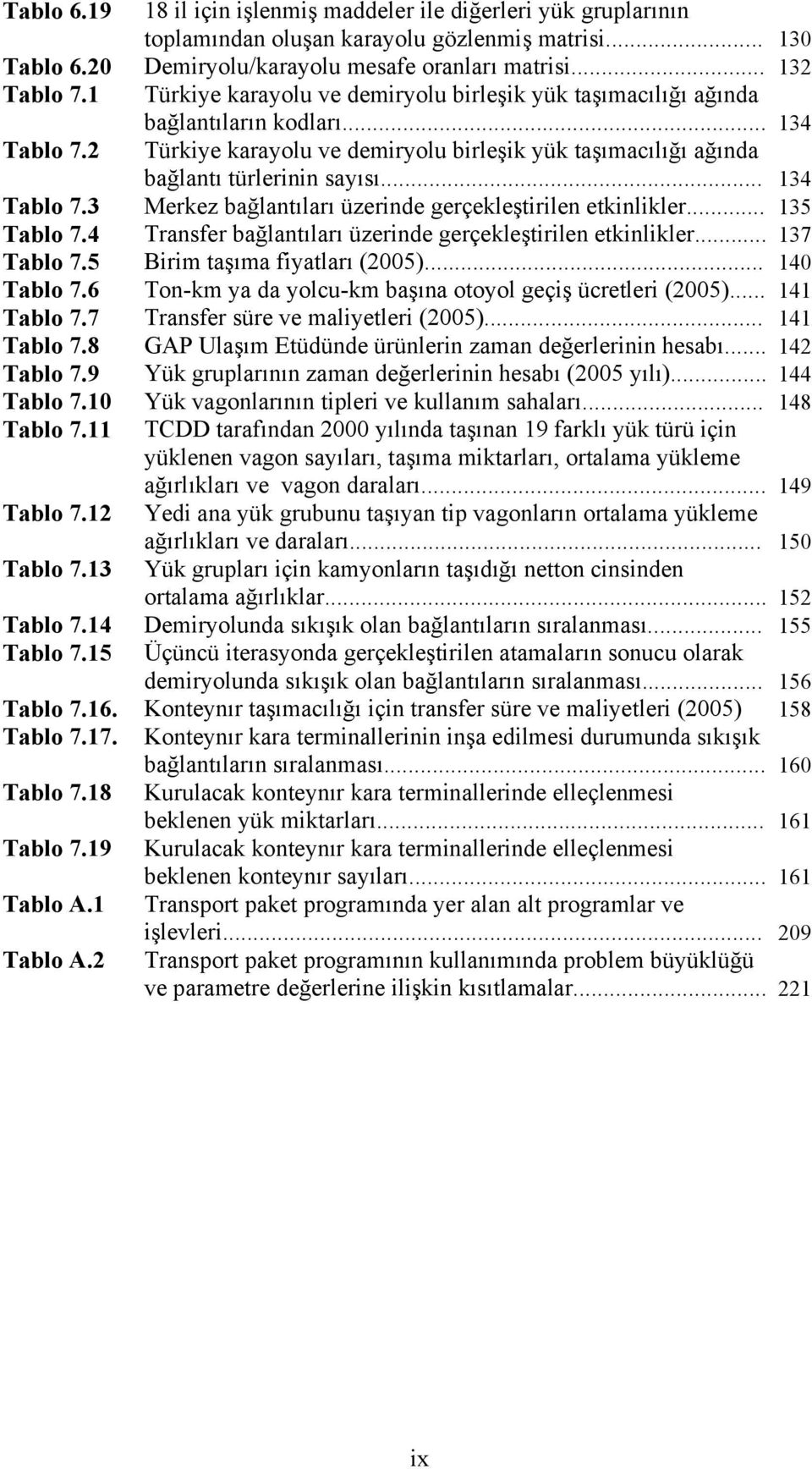 .. 134 Tablo 7.3 Merkez bağlantıları üzerinde gerçekleştirilen etkinlikler... 135 Tablo 7.4 Transfer bağlantıları üzerinde gerçekleştirilen etkinlikler... 137 Tablo 7.5 Birim taşıma fiyatları (2005).