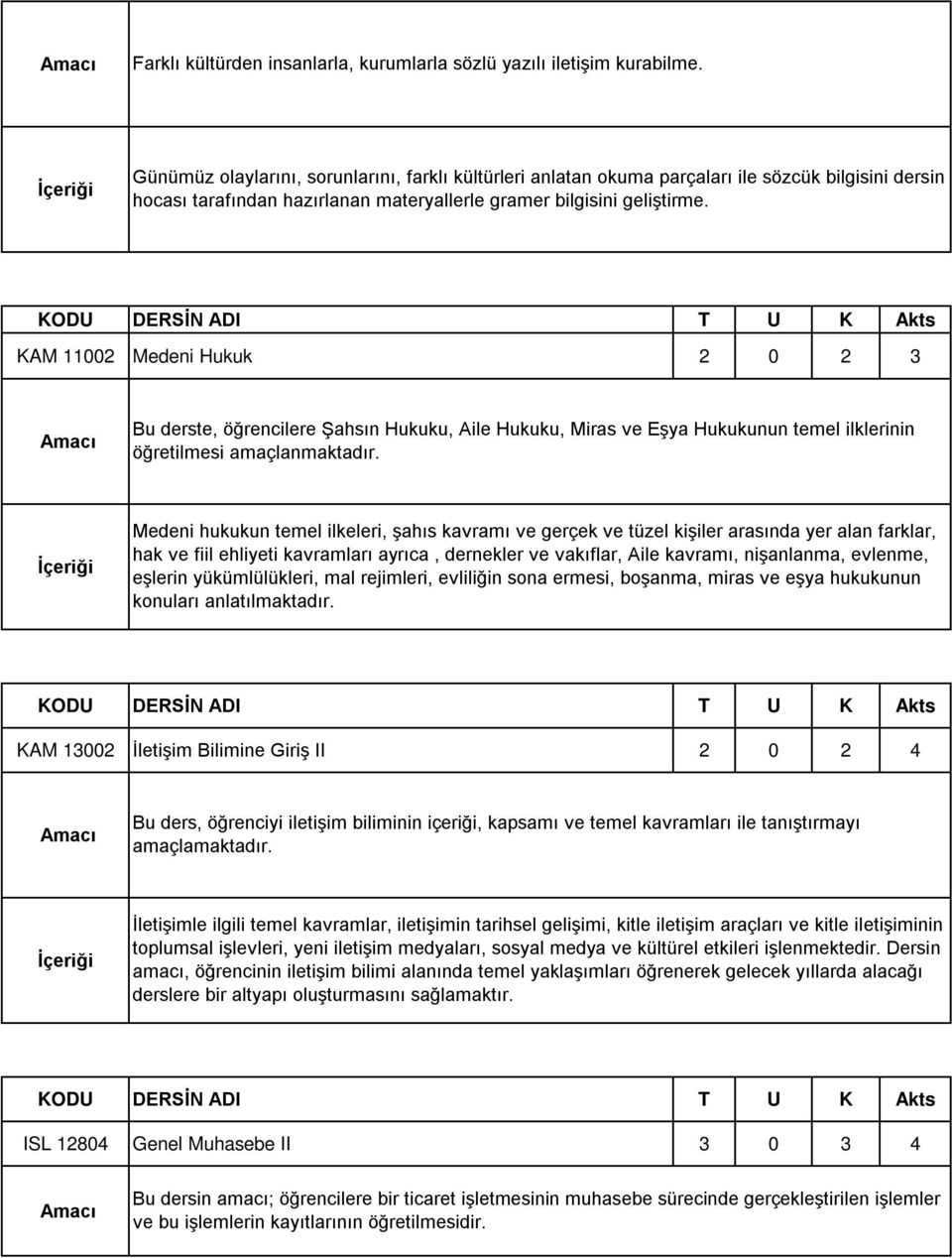 KAM 11002 Medeni Hukuk 2 0 2 3 Bu derste, öğrencilere Şahsın Hukuku, Aile Hukuku, Miras ve Eşya Hukukunun temel ilklerinin öğretilmesi amaçlanmaktadır.