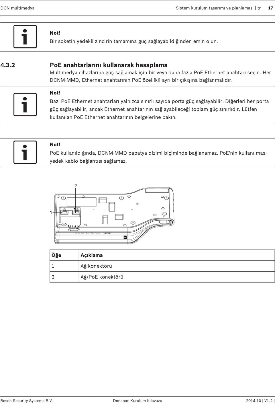 Her DCNM MMD, Ethernet anahtarının PoE özellikli ayrı bir çıkışına bağlanmalıdır. Not! Bazı PoE Ethernet anahtarları yalnızca sınırlı sayıda porta güç sağlayabilir.