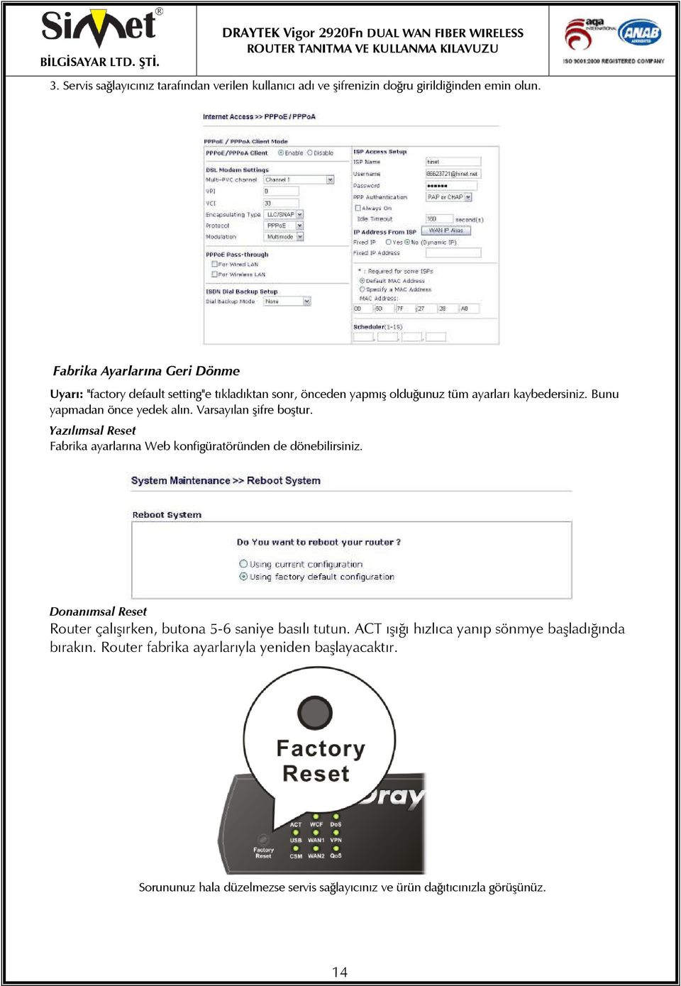 Bunu yapmadan önce yedek alın. Varsayılan şifre boştur. Yazılımsal Reset Fabrika ayarlarına Web konfigüratöründen de dönebilirsiniz.