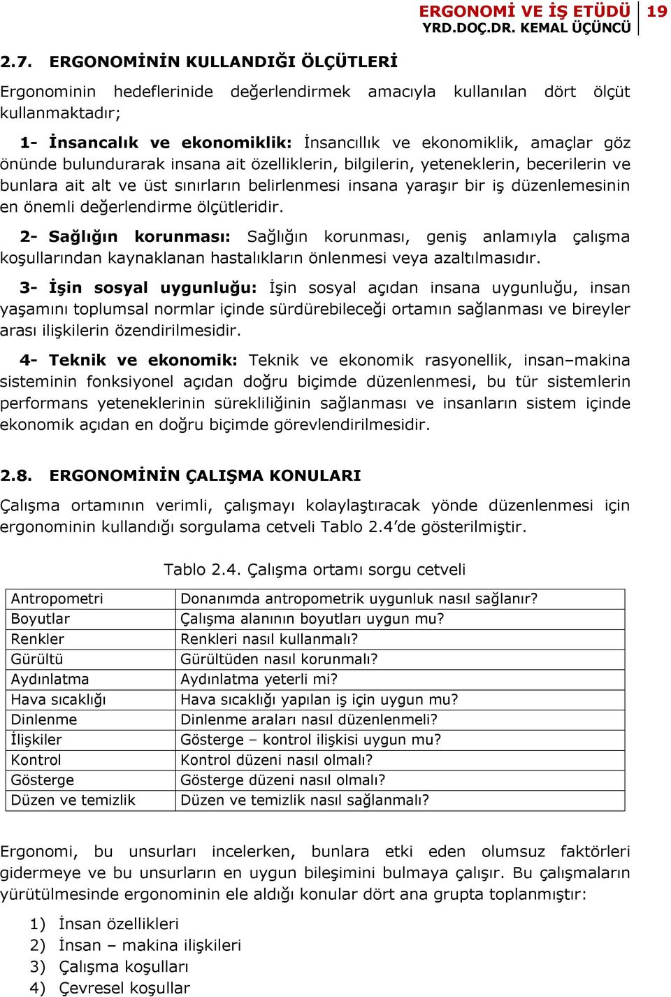 bulundurarak insana ait özelliklerin, bilgilerin, yeteneklerin, becerilerin ve bunlara ait alt ve üst sınırların belirlenmesi insana yaraşır bir iş düzenlemesinin en önemli değerlendirme ölçütleridir.