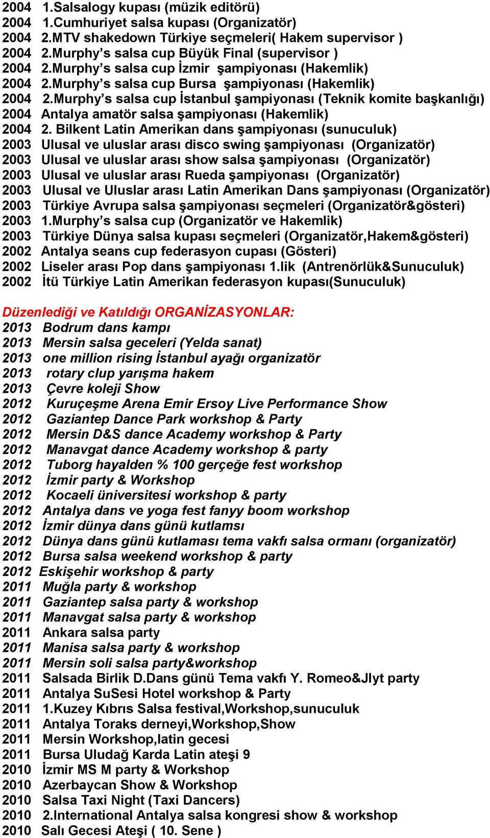 Murphy s salsa cup İstanbul şampiyonası (Teknik komite başkanlığı) 2004 Antalya amatör salsa şampiyonası (Hakemlik) 2004 2.