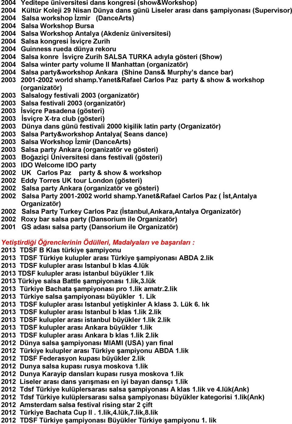 2004 Salsa winter party volume II Manhattan (organizatör) 2004 Salsa party&workshop Ankara (Shine Dans& Murphy s dance bar) 2003 2001-2002 world shamp.
