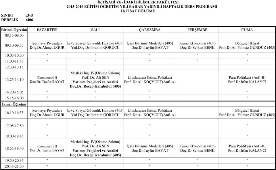Dr.Ali KOÇYİĞİT(Anfi-A) Para Politikası (Anfi-B) 14.20-15.05 15.15-16.00 Sermaye Piyasaları İş ve Sosyal Güvenlik Hukuku (405) Yrd.Doç.Dr.İbrahim GÖRÜCÜ Uluslararası İktisat Politikası Prof. Dr.