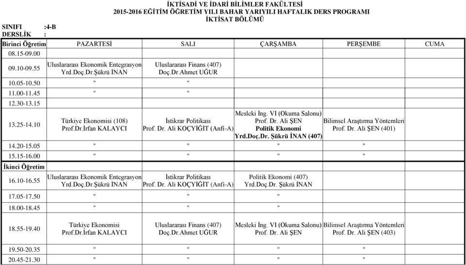 20-15.05 15.15-16.00 Uluslararası Ekonomik Entegrasyon İstikrar Politikası Prof. Dr. Ali KOÇYİĞİT (Anfi-A) Politik Ekonomi (407) Yrd.Doç.Dr. Şükrü İNAN 17.