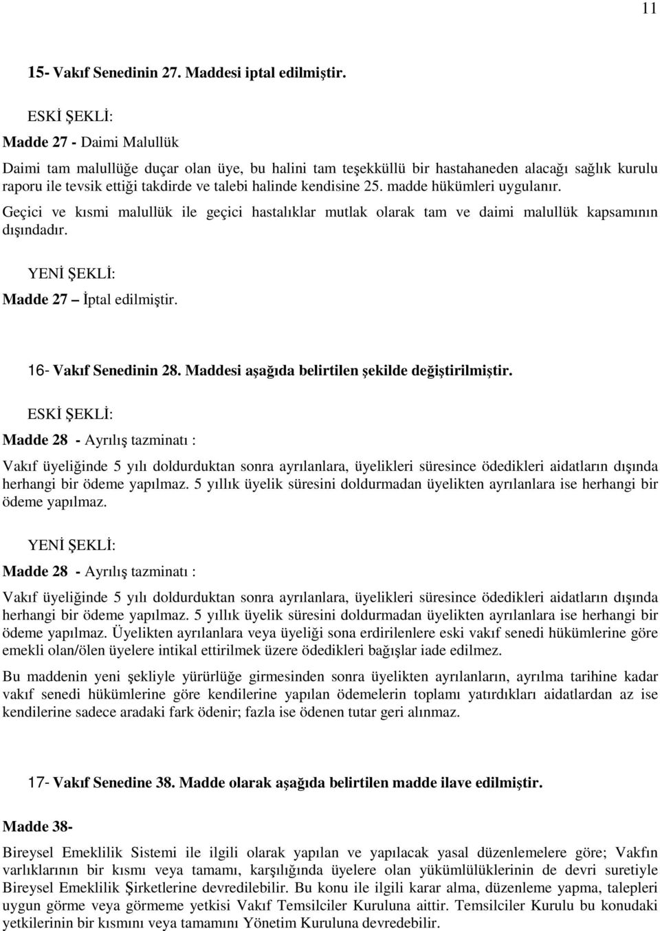 madde hükümleri uygulanır. Geçici ve kısmi malullük ile geçici hastalıklar mutlak olarak tam ve daimi malullük kapsamının dışındadır. Madde 27 Đptal edilmiştir. 16- Vakıf Senedinin 28.