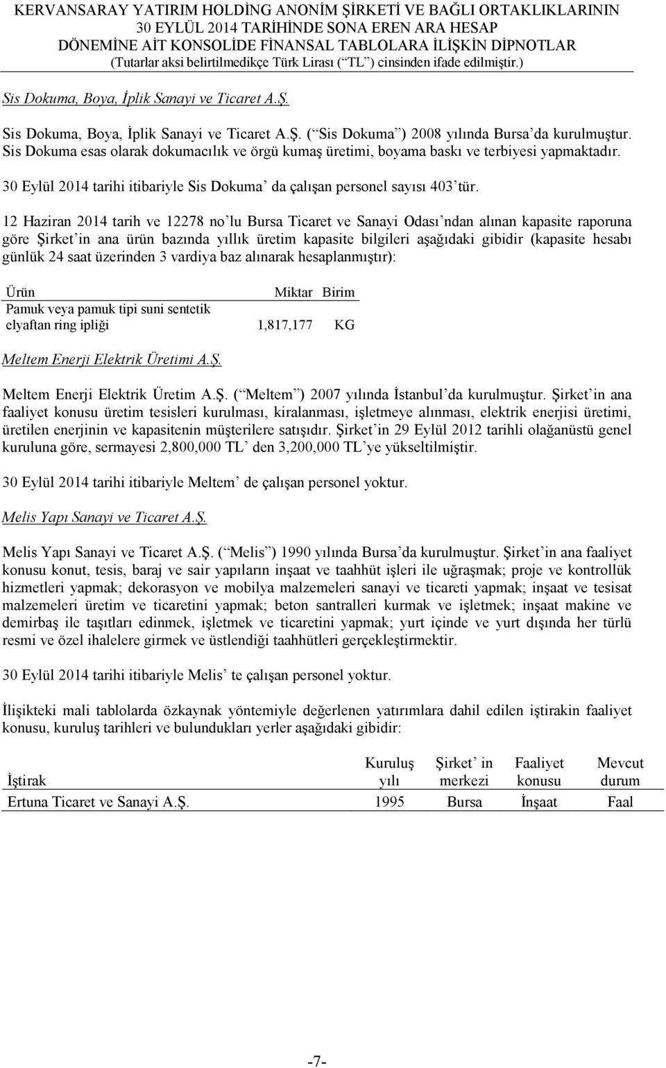 12 Haziran 2014 tarih ve 12278 no lu Bursa Ticaret ve Sanayi Odası ndan alınan kapasite raporuna göre Şirket in ana ürün bazında yıllık üretim kapasite bilgileri aşağıdaki gibidir (kapasite hesabı