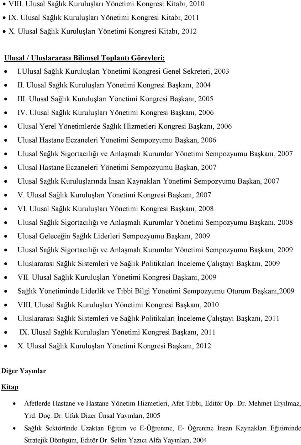 Ulusal Sağlık Kuruluşları Yönetimi Kongresi Başkanı, 2004 III. Ulusal Sağlık Kuruluşları Yönetimi Kongresi Başkanı, 2005 IV.