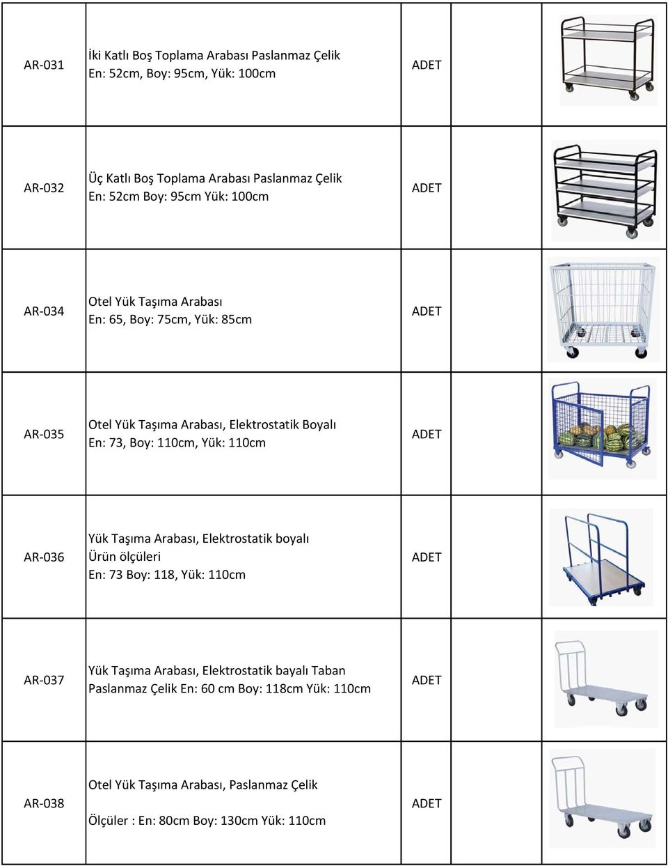 110cm, Yük: 110cm AR 036 Yük Taşıma Arabası, Elektrostatik boyalı Ürün ölçüleri En: 73 Boy: 118, Yük: 110cm AR 037 Yük Taşıma Arabası,