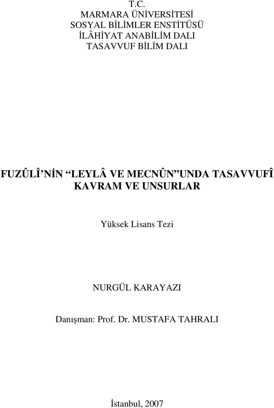 MECNÛN UNDA TASAVVUFÎ KAVRAM VE UNSURLAR Yüksek Lisans Tezi