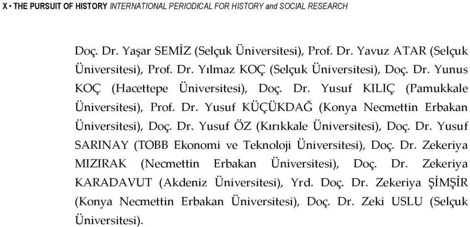 Dr. Yusuf ÖZ (Kırıkkale Üniversitesi), Doç. Dr. Yusuf SARINAY (TOBB Ekonomi ve Teknoloji Üniversitesi), Doç. Dr. Zekeriya MIZIRAK (Necmettin Erbakan Üniversitesi), Doç. Dr. Zekeriya KARADAVUT (Akdeniz Üniversitesi), Yrd.