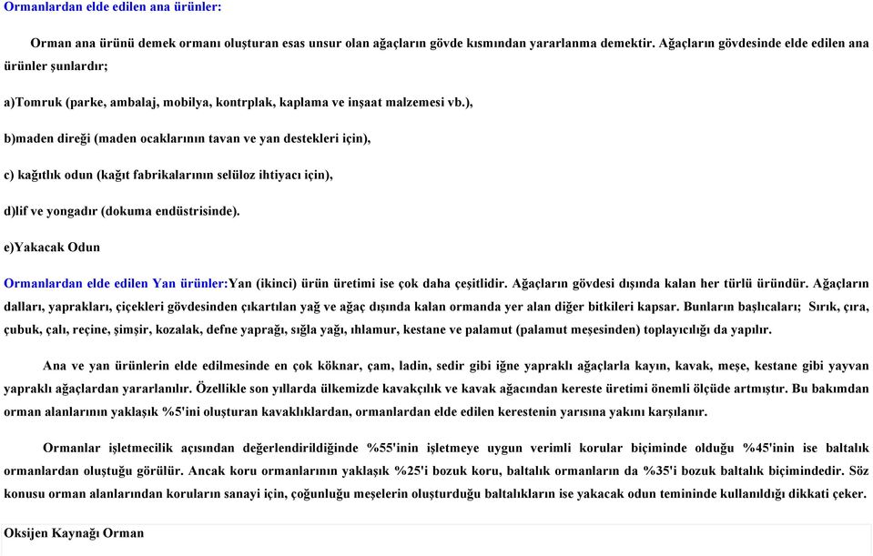 ), b)maden direği (maden ocaklarının tavan ve yan destekleri için), c) kağıtlık odun (kağıt fabrikalarının selüloz ihtiyacı için), d)lif ve yongadır (dokuma endüstrisinde).