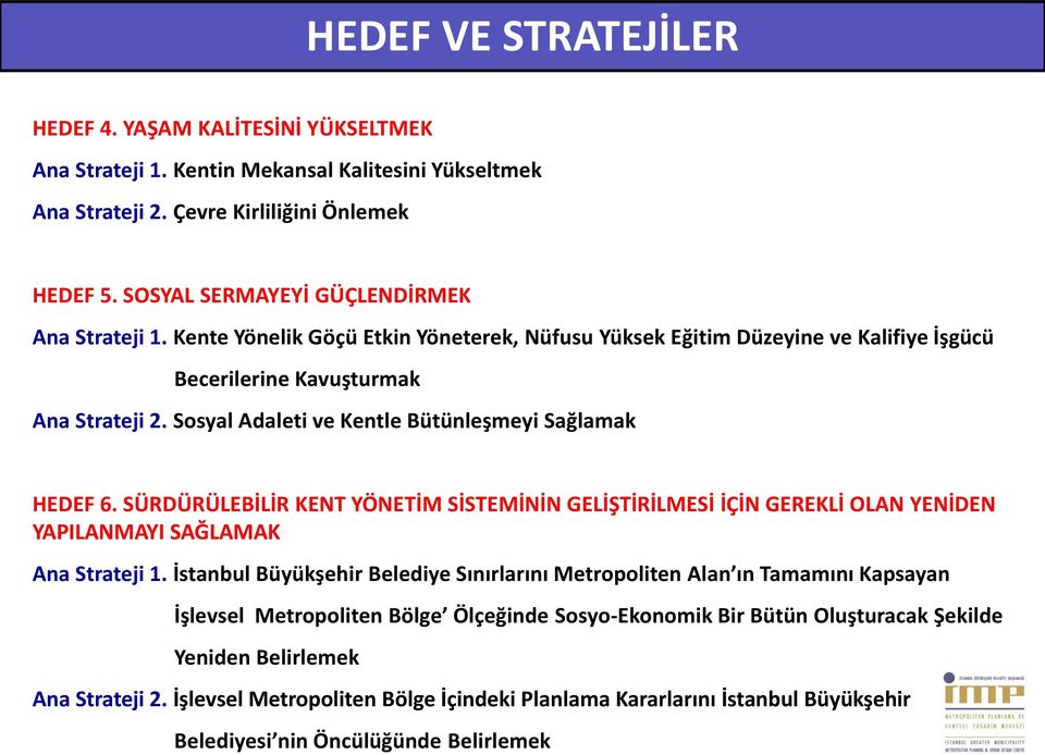 Sosyal Adaleti ve Kentle Bütünleşmeyi Sağlamak HEDEF 6. SÜRDÜRÜLEBİLİR KENT YÖNETİM SİSTEMİNİN GELİŞTİRİLMESİ İÇİN GEREKLİ OLAN YENİDEN YAPILANMAYI SAĞLAMAK Ana Strateji 1.