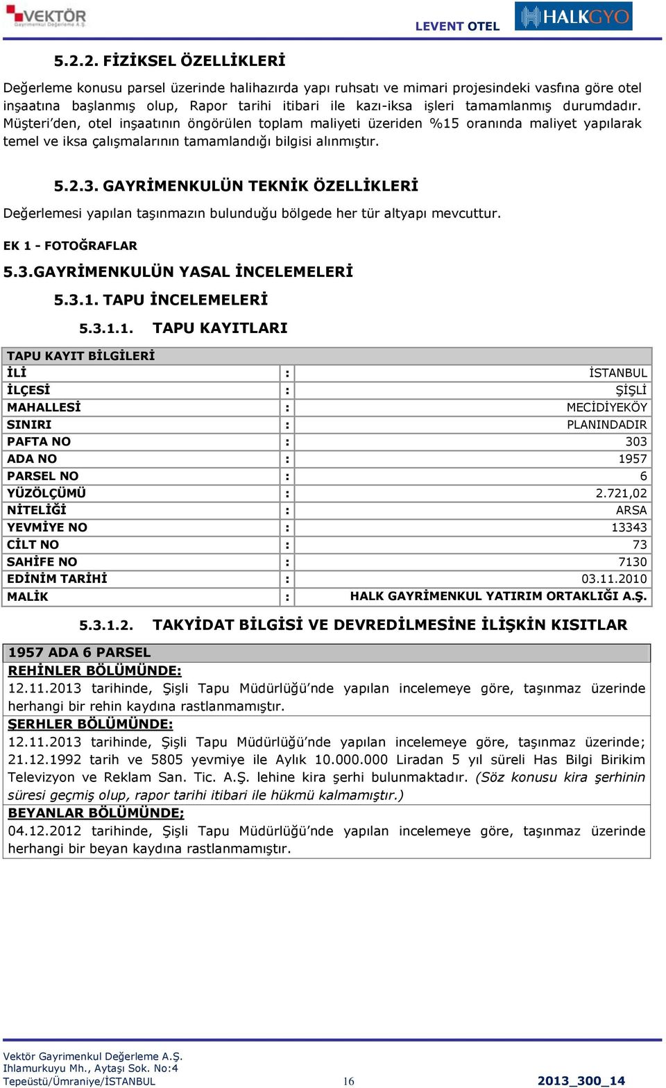 GAYRİMENKULÜN TEKNİK ÖZELLİKLERİ Değerlemesi yapılan taşınmazın bulunduğu bölgede her tür altyapı mevcuttur. EK 1 