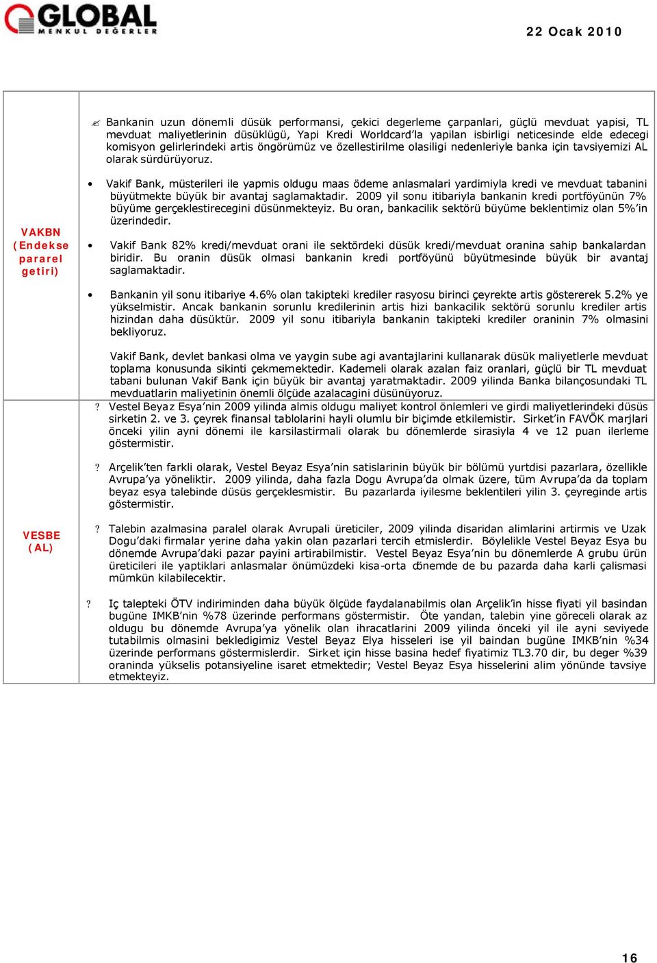 VAKBN (Endekse pararel getiri) Vakif Bank, müsterileri ile yapmis oldugu maas ödeme anlasmalari yardimiyla kredi ve mevduat tabanini büyütmekte büyük bir avantaj saglamaktadir.