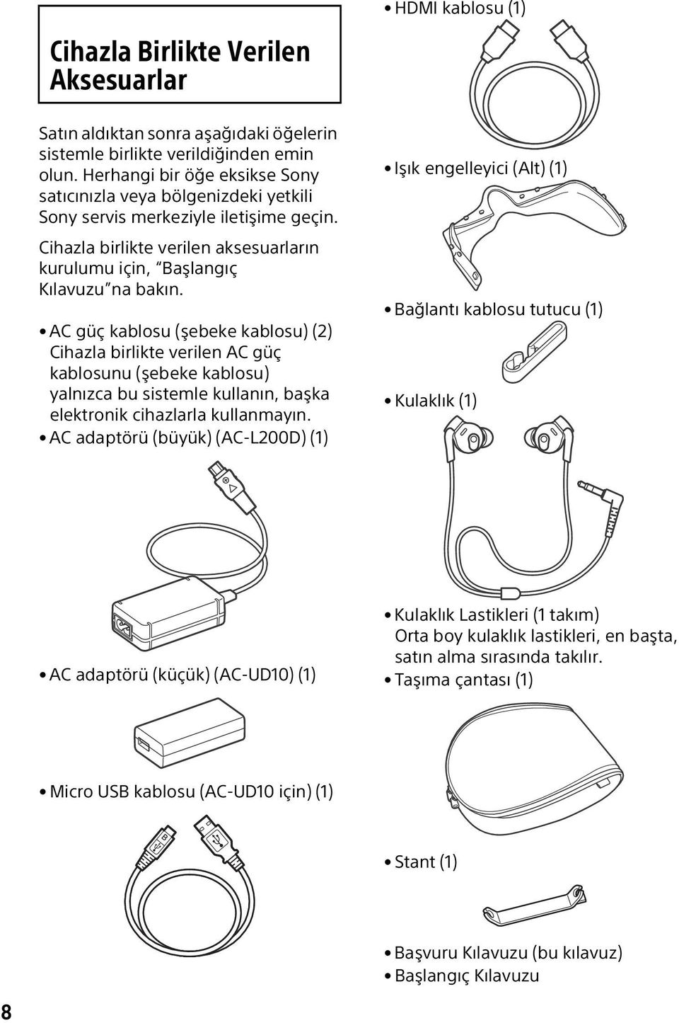 AC güç kablosu (şebeke kablosu) (2) Cihazla birlikte verilen AC güç kablosunu (şebeke kablosu) yalnızca bu sistemle kullanın, başka elektronik cihazlarla kullanmayın.