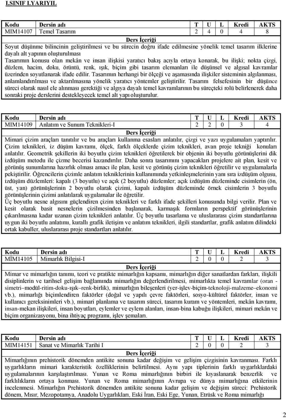 olan mekân ve insan ilişkisi yaratıcı bakış acıyla ortaya konarak, bu ilişki; nokta çizgi, düzlem, hacim, doku, örüntü, renk, ışık, biçim gibi tasarım elemanları ile düşünsel ve algısal kavramlar