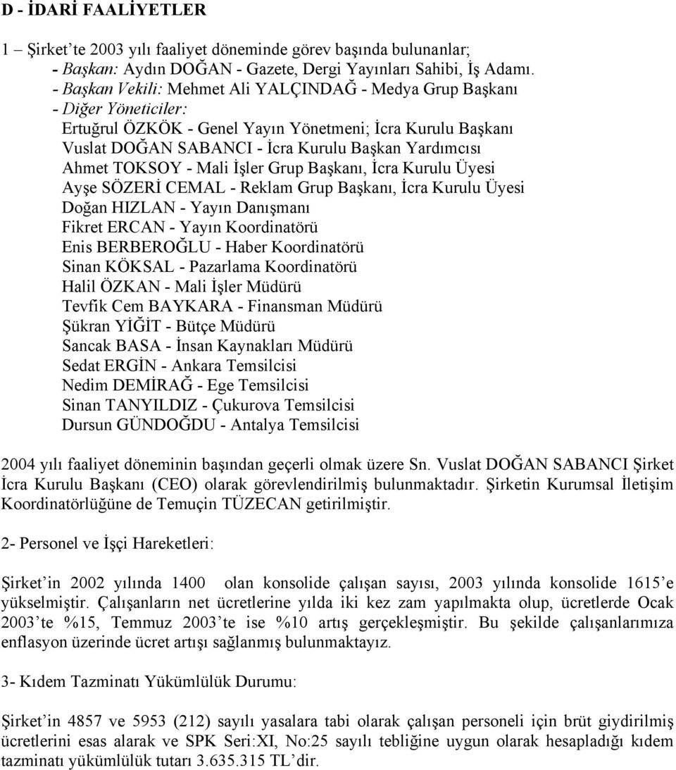 TOKSOY - Mali İşler Grup Başkanı, İcra Kurulu Üyesi Ayşe SÖZERİ CEMAL - Reklam Grup Başkanı, İcra Kurulu Üyesi Doğan HIZLAN - Yayın Danışmanı Fikret ERCAN - Yayın Koordinatörü Enis BERBEROĞLU - Haber