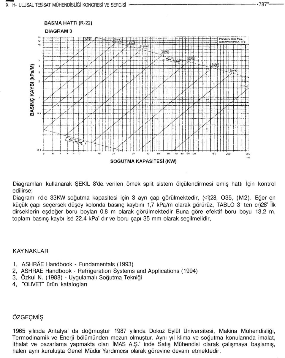 Eğer en küçük çapı seçersek düşey kolonda basınç kaybını 1,7 kpa/m olarak görürüz, TABLO 3 1 ten cr)28 s Îİk dirseklerin eşdeğer boru boyları 0,8 m olarak görülmektedir Buna göre efektif boru boyu