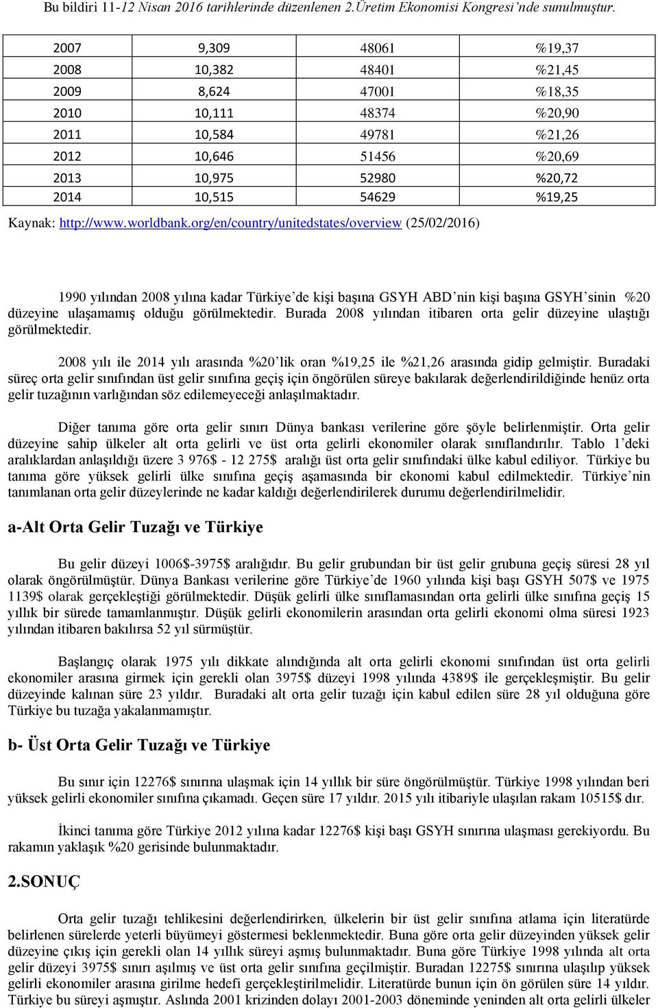 org/en/country/unitedstates/overview (25/02/2016) 1990 yılından 2008 yılına kadar Türkiye de kişi başına GSYH ABD nin kişi başına GSYH sinin %20 düzeyine ulaşamamış olduğu görülmektedir.