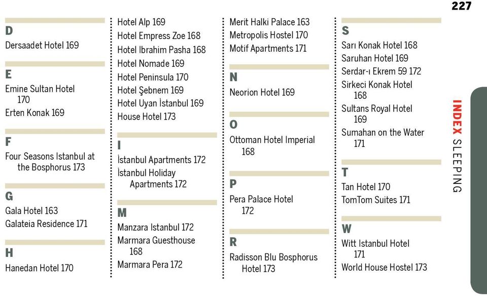 uesthouse 168 armara era 172 erit alki alace 163 etropolis ostel 170 otif partments 171 eorion otel 169 O Ottoman otel mperial 168 era alace otel 172 R Radisson lu osphorus otel 173 arı