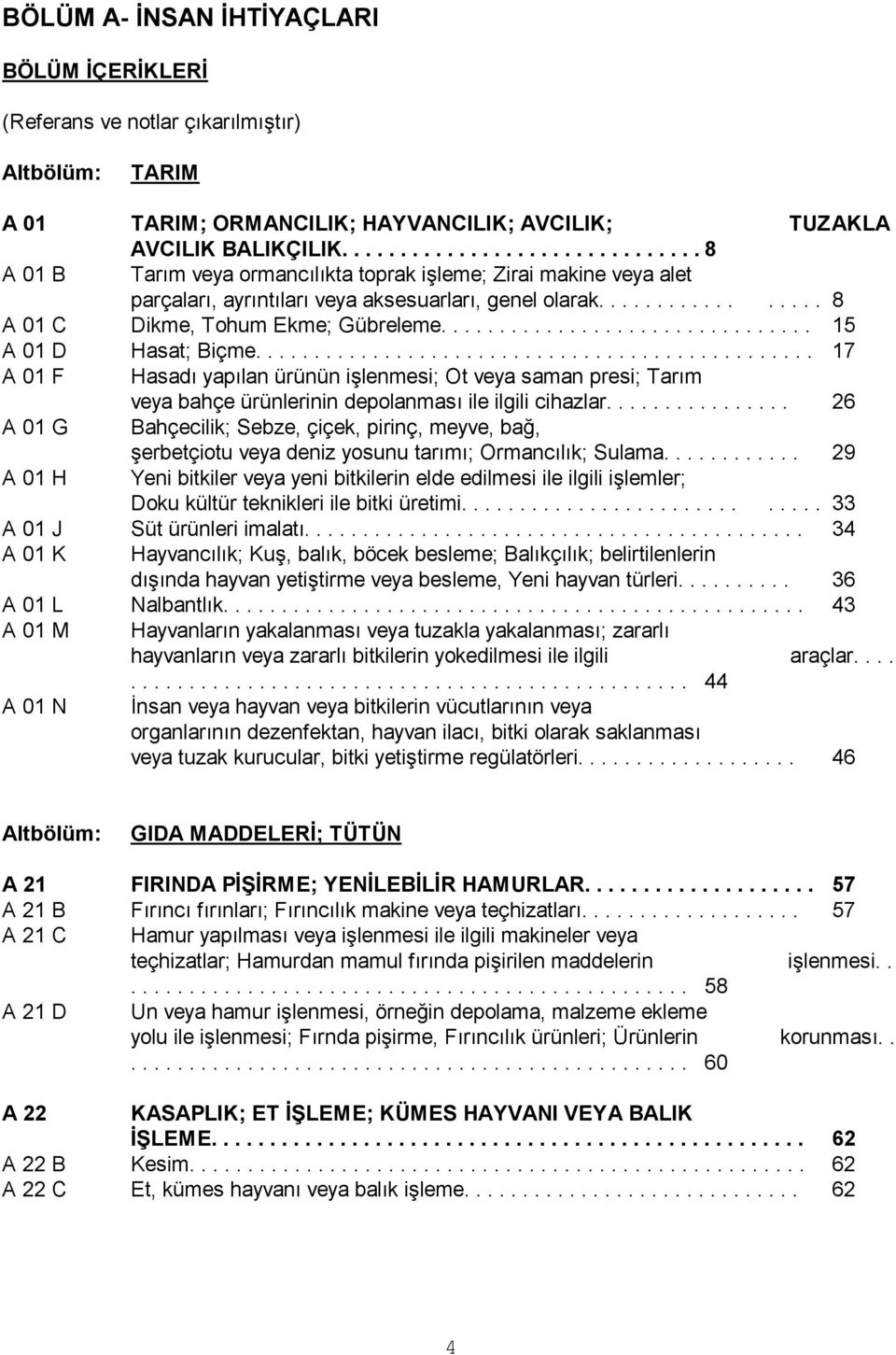 ............................... 15 A 01 D Hasat; Biçme................................................ 17 A 01 F Hasadı yapılan ürünün iģlenmesi; Ot veya saman presi; Tarım veya bahçe ürünlerinin depolanması ile ilgili cihazlar.