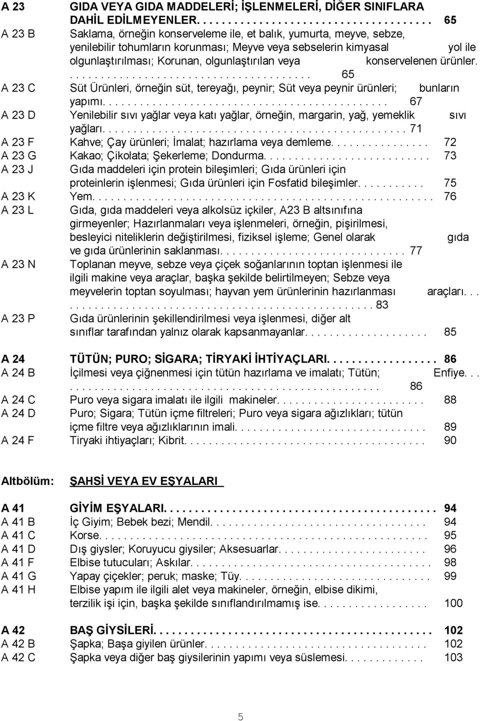 olgunlaģtırılması; Korunan, olgunlaģtırılan veya konservelenen ürünler........................................ 65 A 23 C Süt Ürünleri, örneğin süt, tereyağı, peynir; Süt veya peynir ürünleri; bunların yapımı.