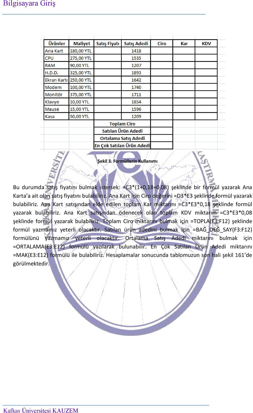 Ana Kart satışından ödenecek olan toplam KDV miktarını =C3*E3*0,08 şeklinde formül yazarak bulabiliriz. Toplam Ciro miktarını bulmak için =TOPLA(F3:F12) şeklinde formül yazmamız yeterli olacaktır.