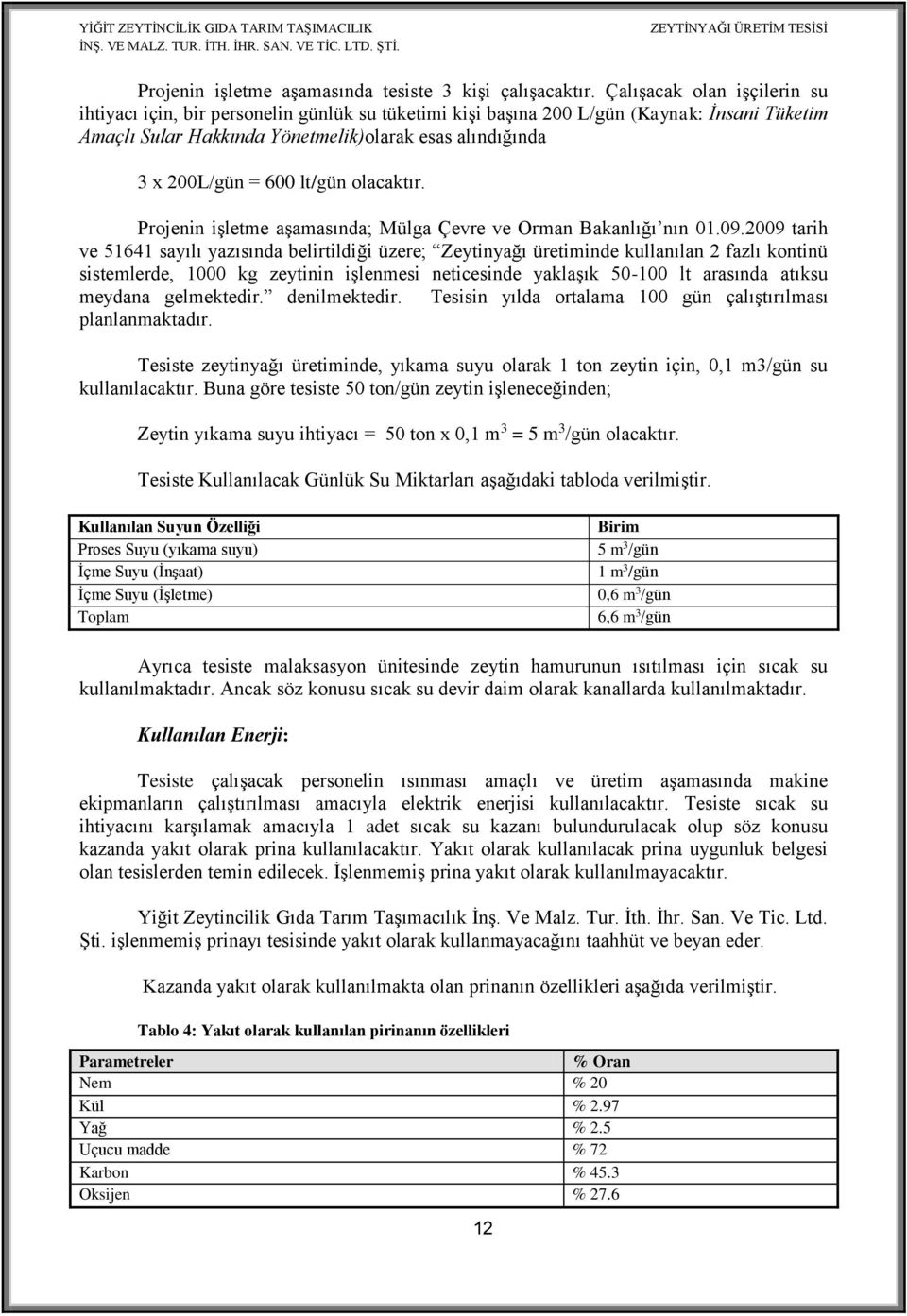 lt/gün olacaktır. Projenin işletme aşamasında; Mülga Çevre ve Orman Bakanlığı nın 01.09.