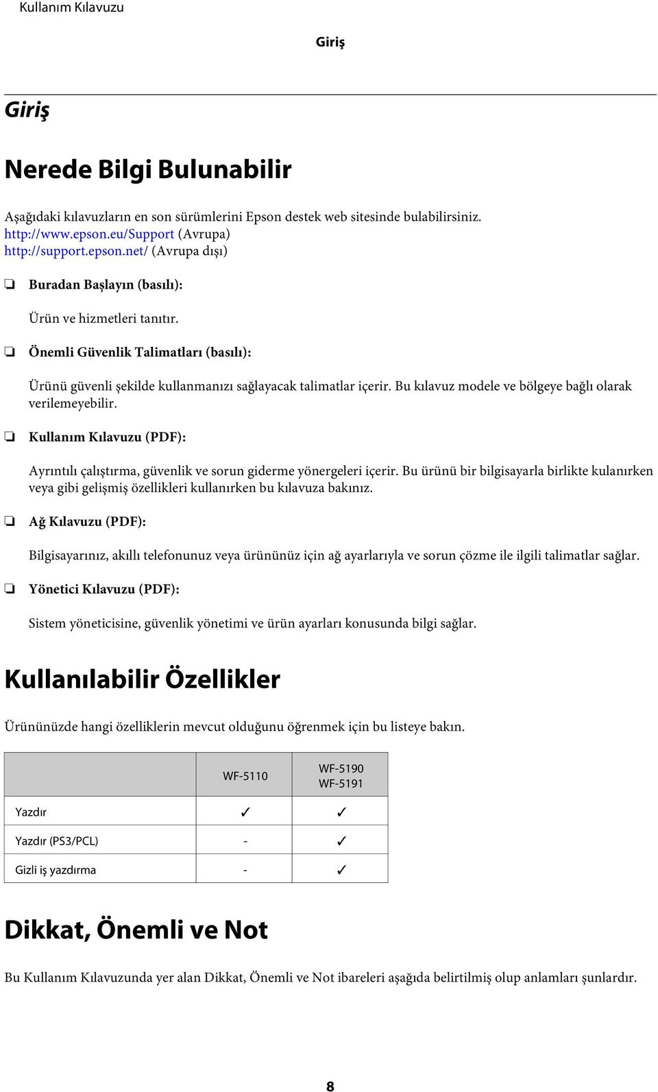 Önemli Güvenlik Talimatları (basılı): Ürünü güvenli şekilde kullanmanızı sağlayacak talimatlar içerir. Bu kılavuz modele ve bölgeye bağlı olarak verilemeyebilir.