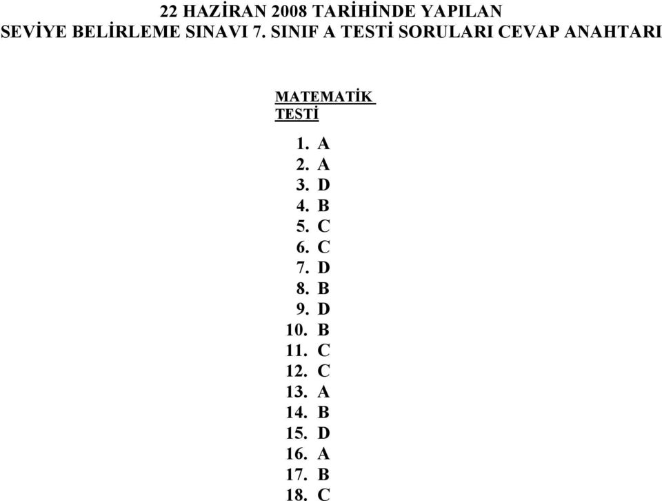 SINIF A TESTİ SORULARI CEVAP ANAHTARI