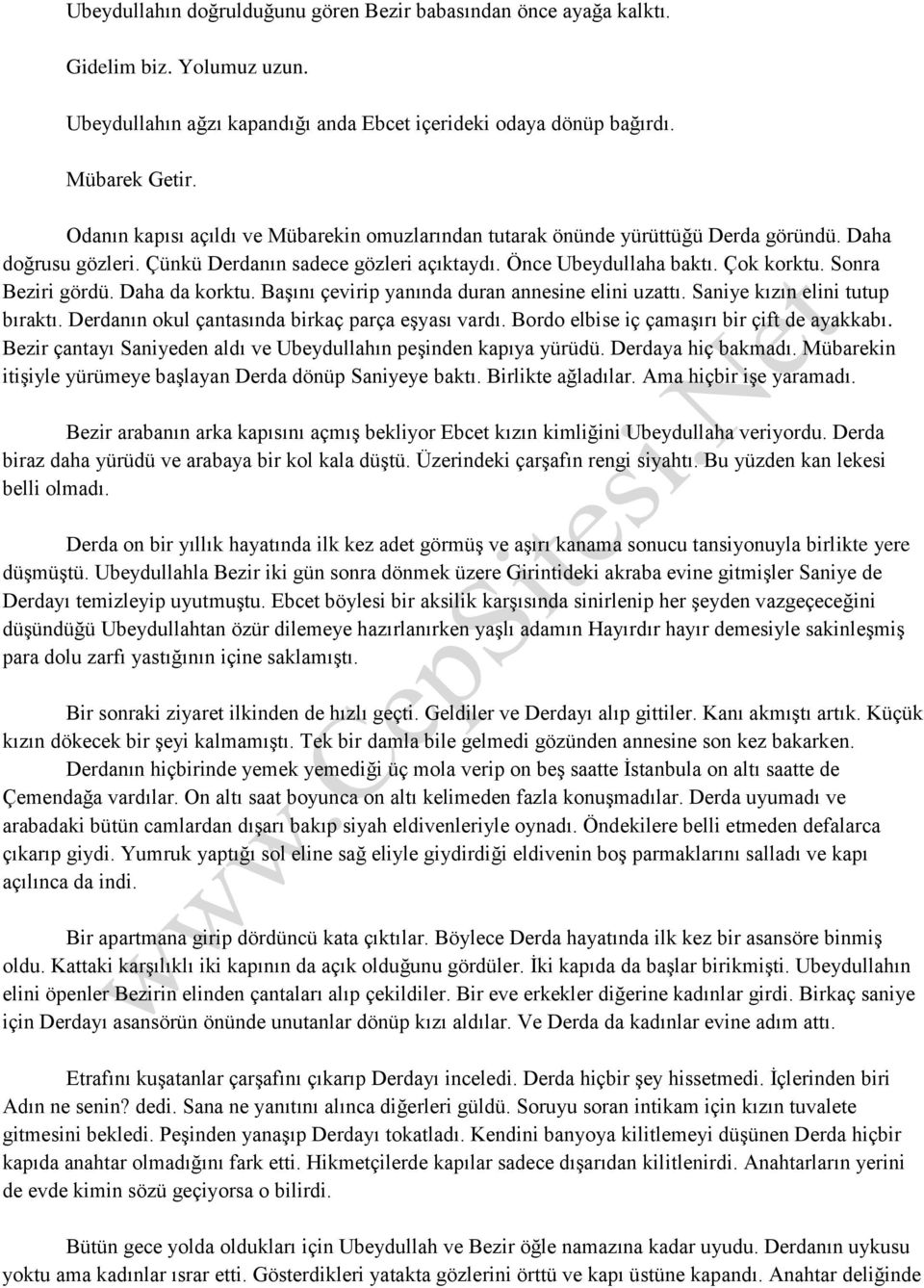 Sonra Beziri gördü. Daha da korktu. Başını çevirip yanında duran annesine elini uzattı. Saniye kızın elini tutup bıraktı. Derdanın okul çantasında birkaç parça eşyası vardı.