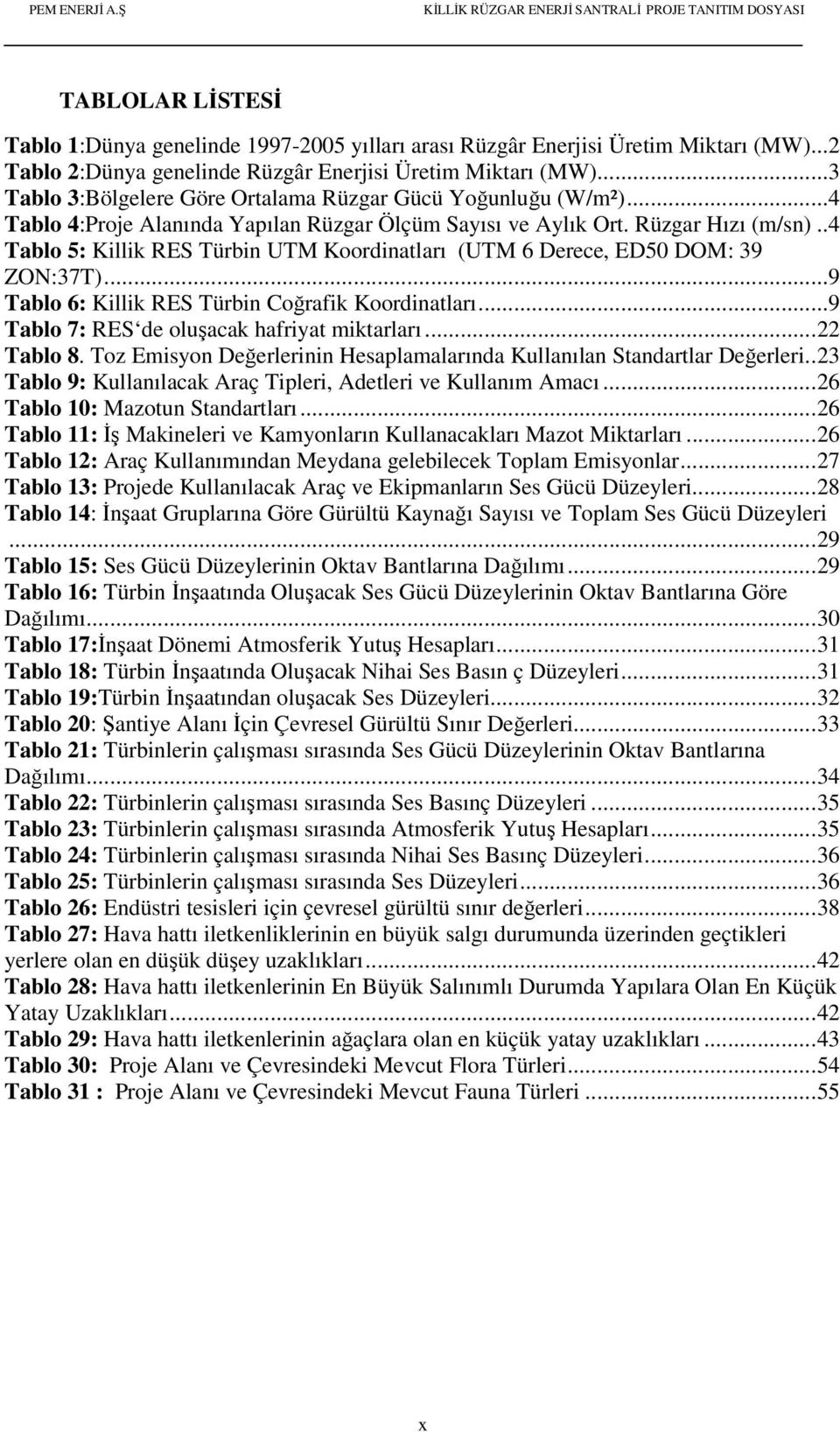 .4 Tablo 5: Killik RES Türbin UTM Koordinatları (UTM 6 Derece, ED50 DOM: 39 ZON:37T)...9 Tablo 6: Killik RES Türbin Coğrafik Koordinatları...9 Tablo 7: RES de oluşacak hafriyat miktarları... 22 Tablo 8.