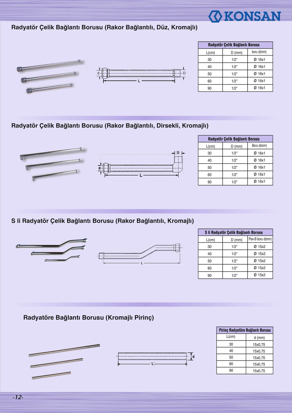 Çelik Baðlantý Borusu (Rakor Baðlantýlý, Kromajlý) S li Radyatör Çelik Bağlantı Borusu L(cm) 90 Pex-B boru ø x ø x ø x ø x